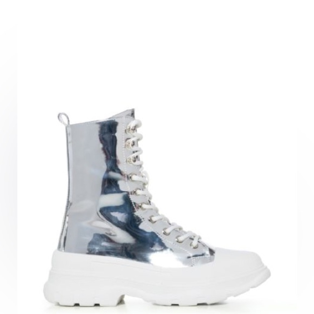 Azalea Wang Silver Mirror Metallic Patent Leather Lace Up Combat Booties - Picture 2 of 4